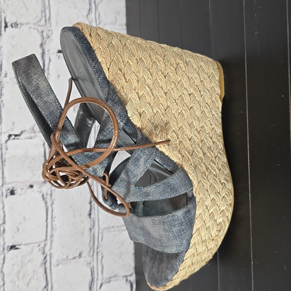 Stuart Weitzman Denim and Tan Espadrilles-Style Wedge Sandals Size 8.5 - Picture 6 of 10